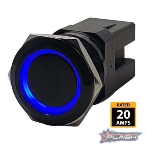 PLASHLIGHTS Marine Push Button Switch – Blue LED – 20a -Black Anodized- Momentary