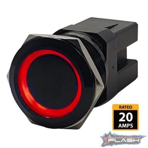 PLASHLIGHTS Marine Push Button Switch – Red LED – 20a – Black Anodized-Momentary