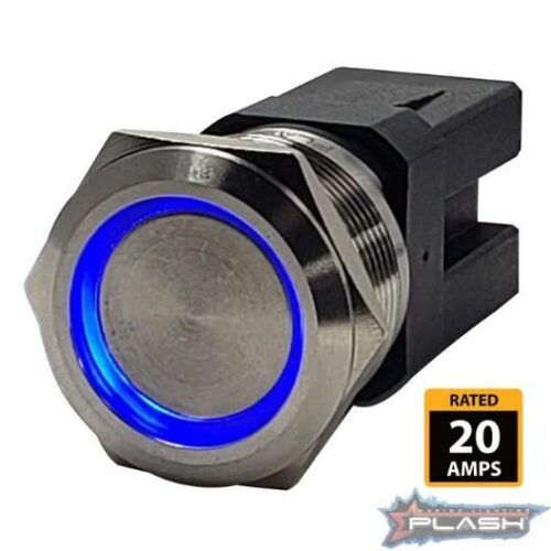 PLASHLIGHTS Marine Push Button Switch – Blue LED – 20a – Stainless Steel – Momentary