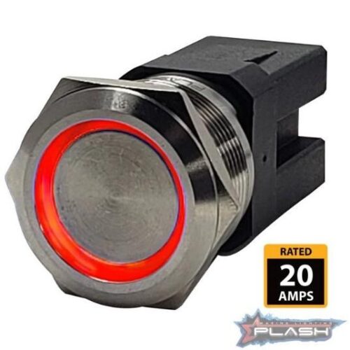 PLASHLIGHTS Marine Push Button Switch – Red LED – 20a – Stainless Steel – Momentary