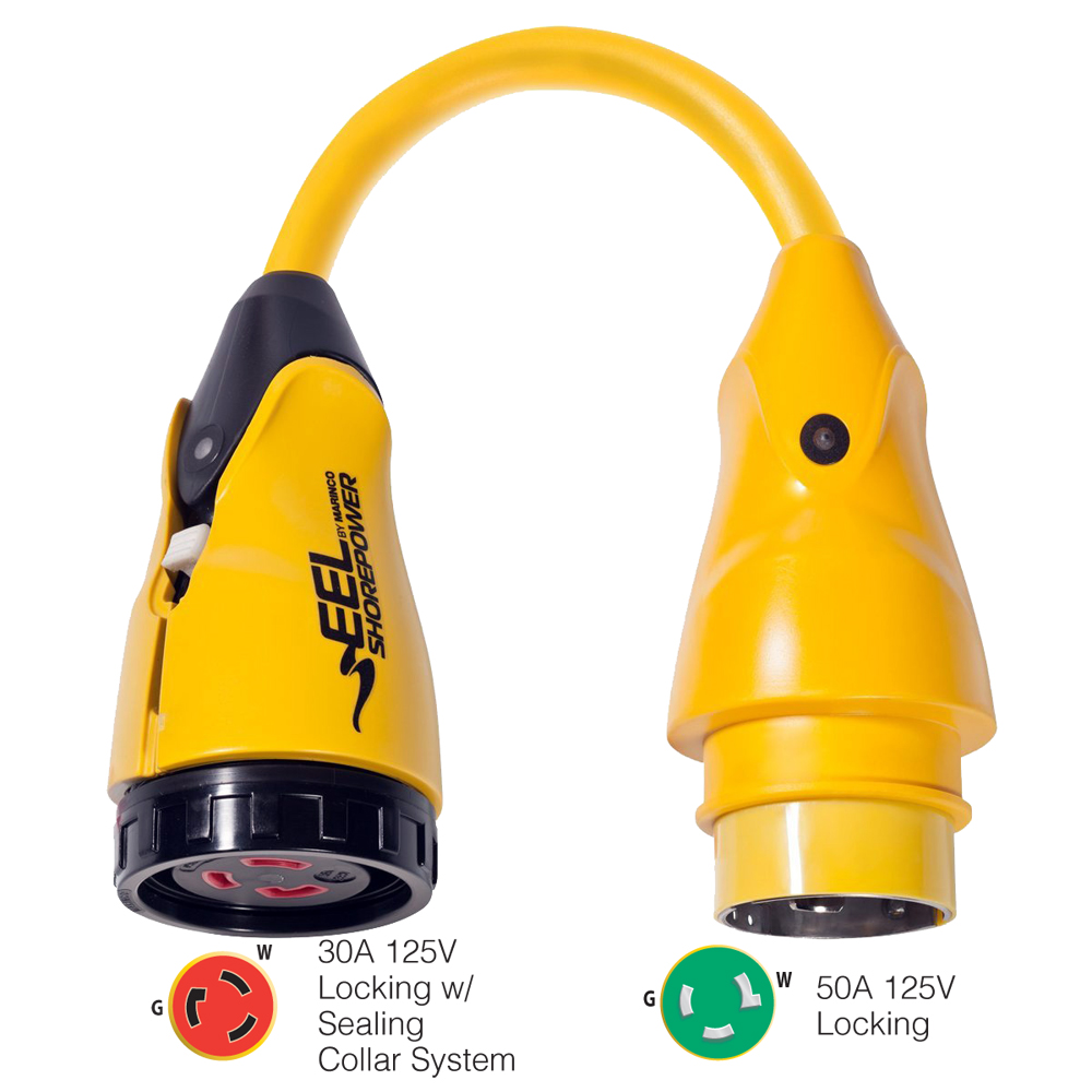 Marinco P503-30 EEL 30A-125V Female to 50A-125V Male Pigtail Adapter - Yellow Marinco P503-30 EEL 30A-125V Female to 50A-125V Male Pigtail Adapter - Yellow - Image 1