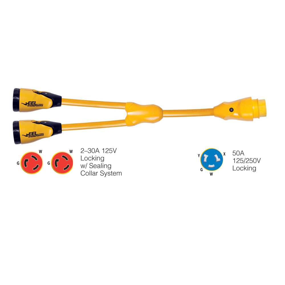 Marinco Y504-2-30 EEL (2)-30A-125V Female to (1)50A-125/250V Male "Y" Adapter - Yellow Marinco Y504-2-30 EEL (2)-30A-125V Female to (1)50A-125/250V Male "Y" Adapter - Yellow - Image 1