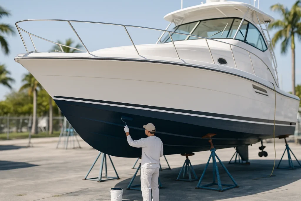 Boat on stands at a Florida boatyard getting fresh antifouling bottom paint applied below the waterline