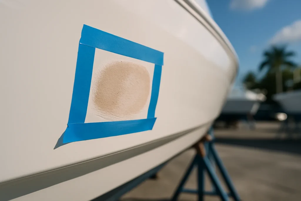 Professional fiberglass boat hull repair in progress with sanded gelcoat area masked off at a Florida boatyard